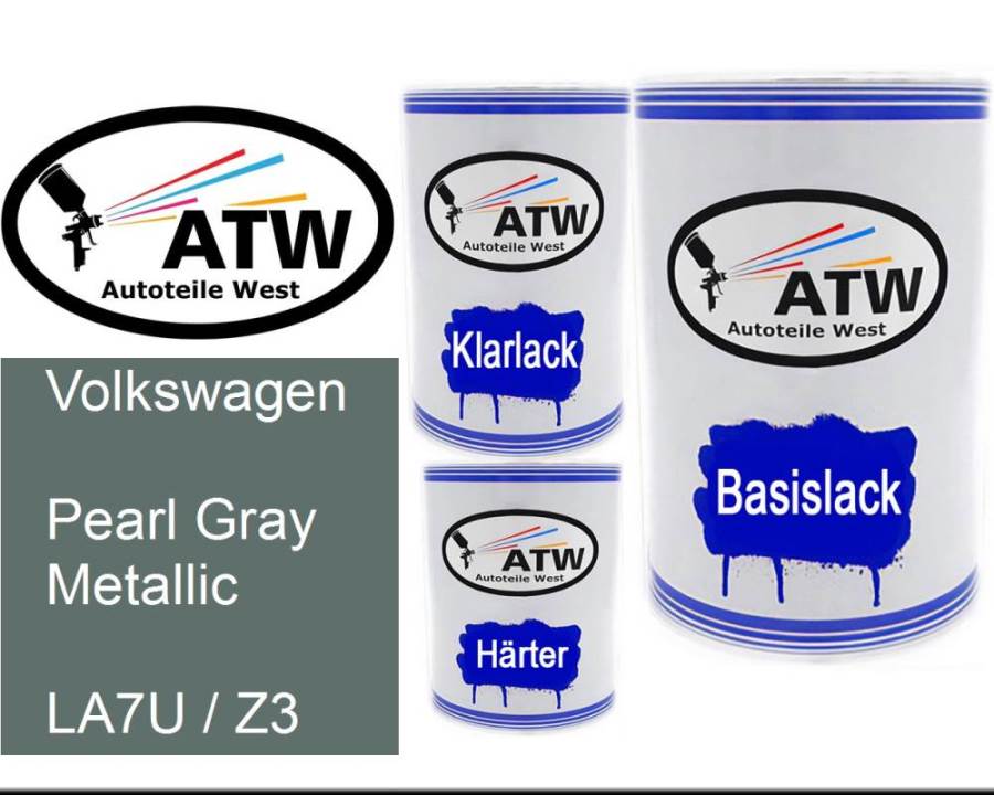 Volkswagen, Pearl Gray Metallic, LA7U / Z3: 500ml Lackdose + 500ml Klarlack + 250ml Härter - Set, von ATW Autoteile West.